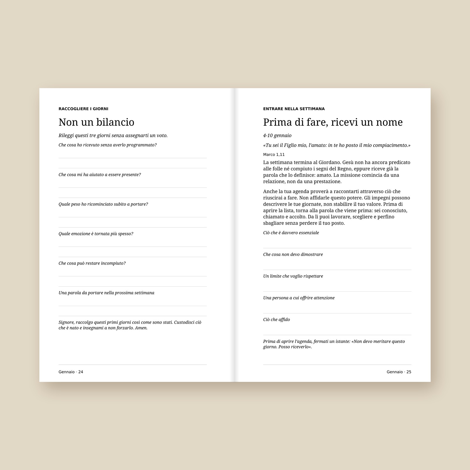 Pagina di rilettura della settimana accanto all’ingresso della settimana successiva
